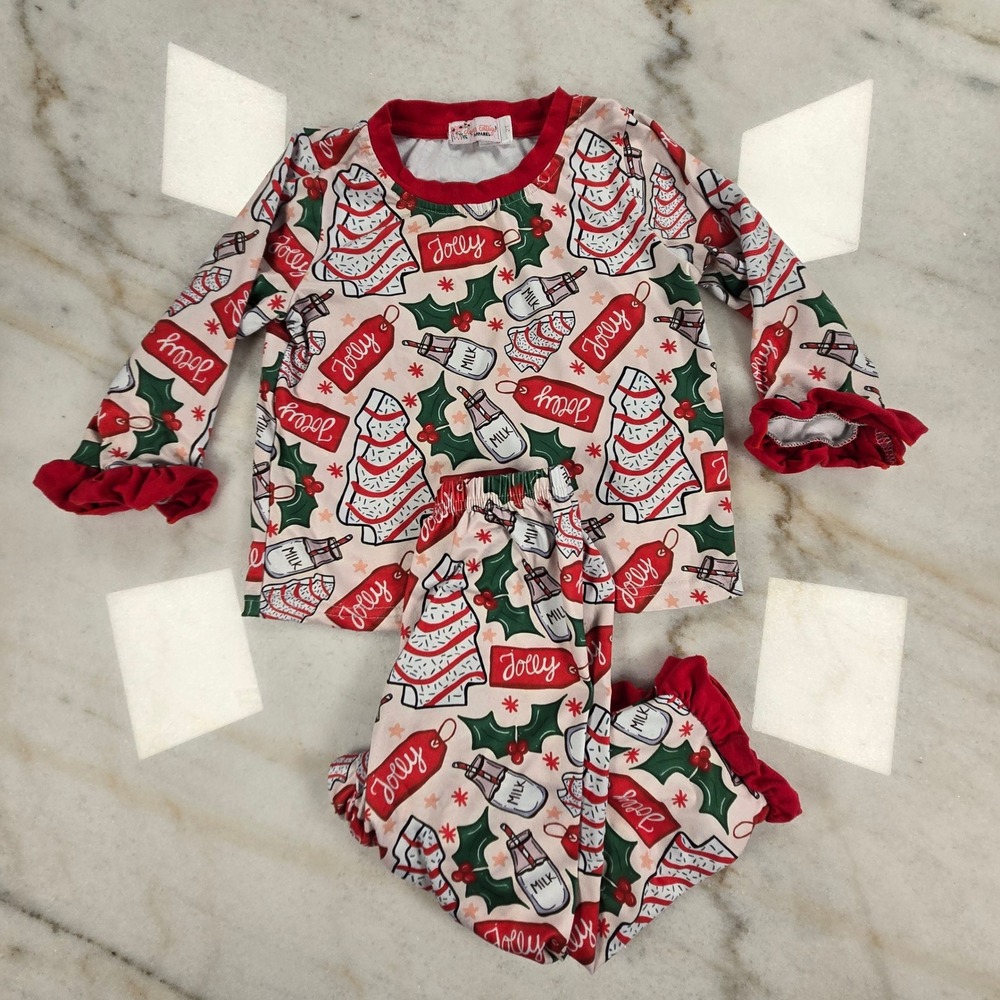 Clover Cottage Apparel Pajama Set Toddler 2T Red Christmas Ruffle Holiday Jolly